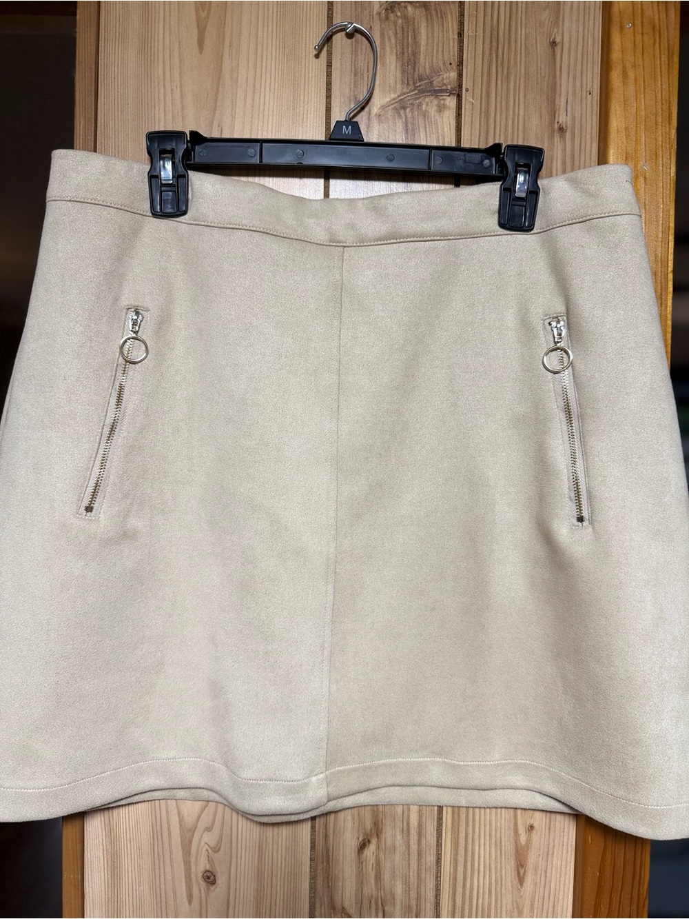 Neutral Beige Suede-Look Mini Skirt with Zip Pocket Rings